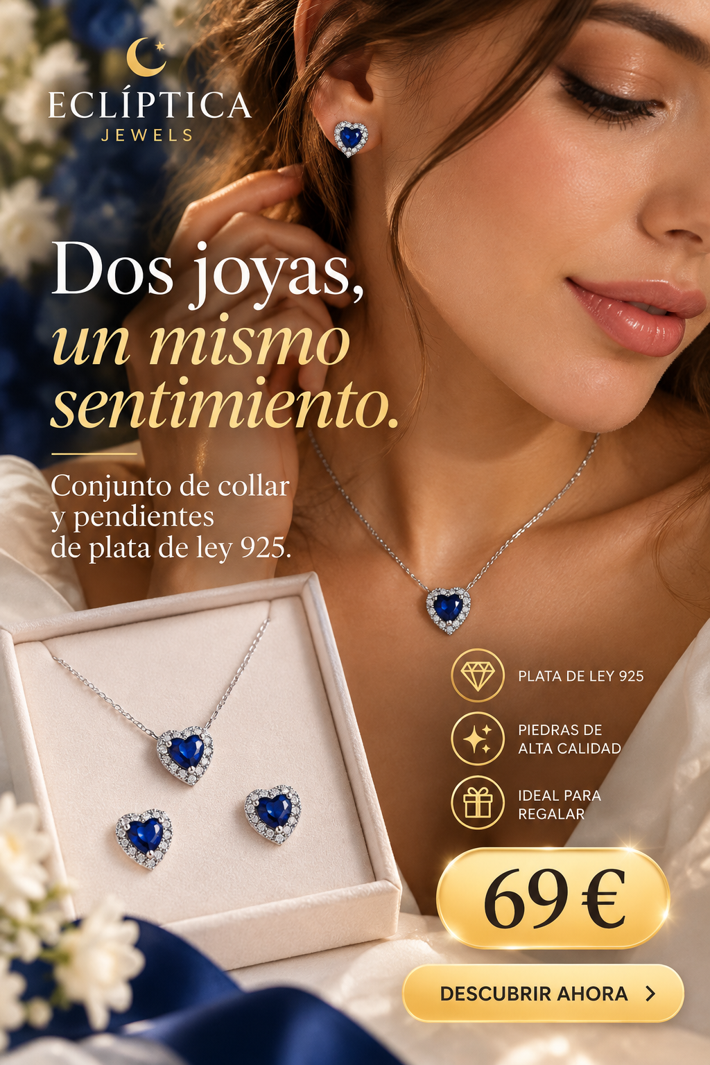 Conjunto de collar y pendientes Corazón Azul de Plata